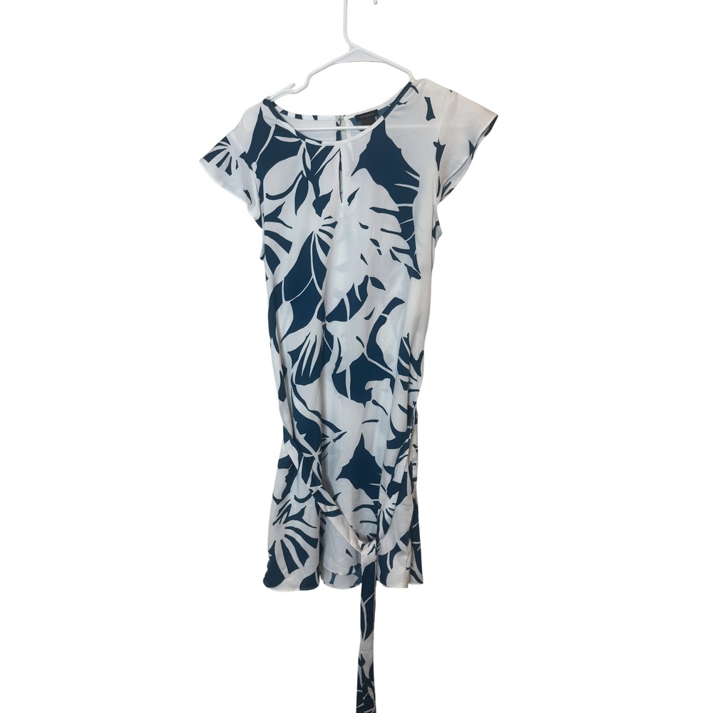 Ann Taylor Dress Womens M Blue White Floral Belted Shift Short Sleeve Tropical